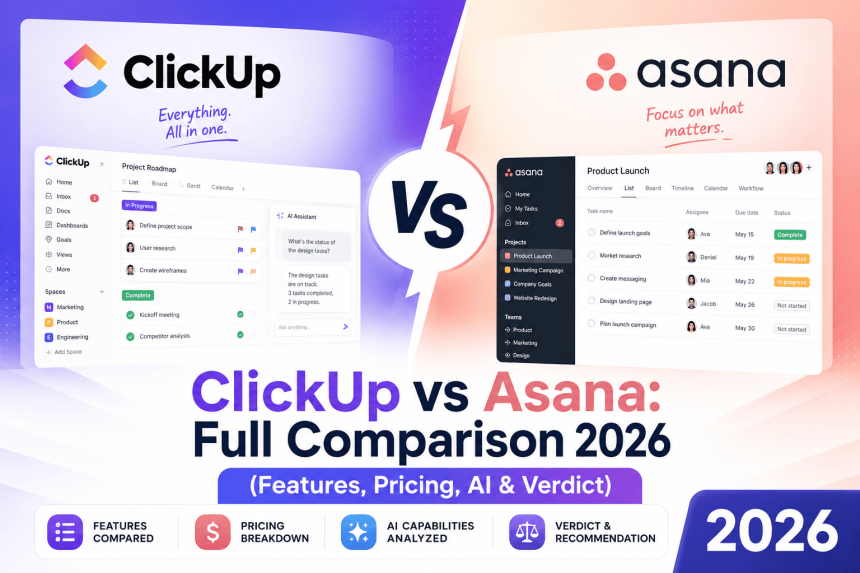 ClickUp vs Asana: Full Comparison 2026 (Features, Pricing, AI & Verdict)